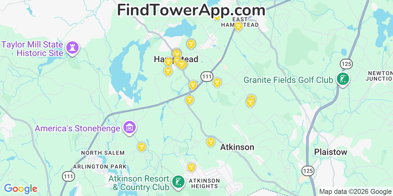 Map showing the 20 primary cell tower locations detected in Hampstead, New Hampshire from AT&T, Verizon, and T-Mobile networks