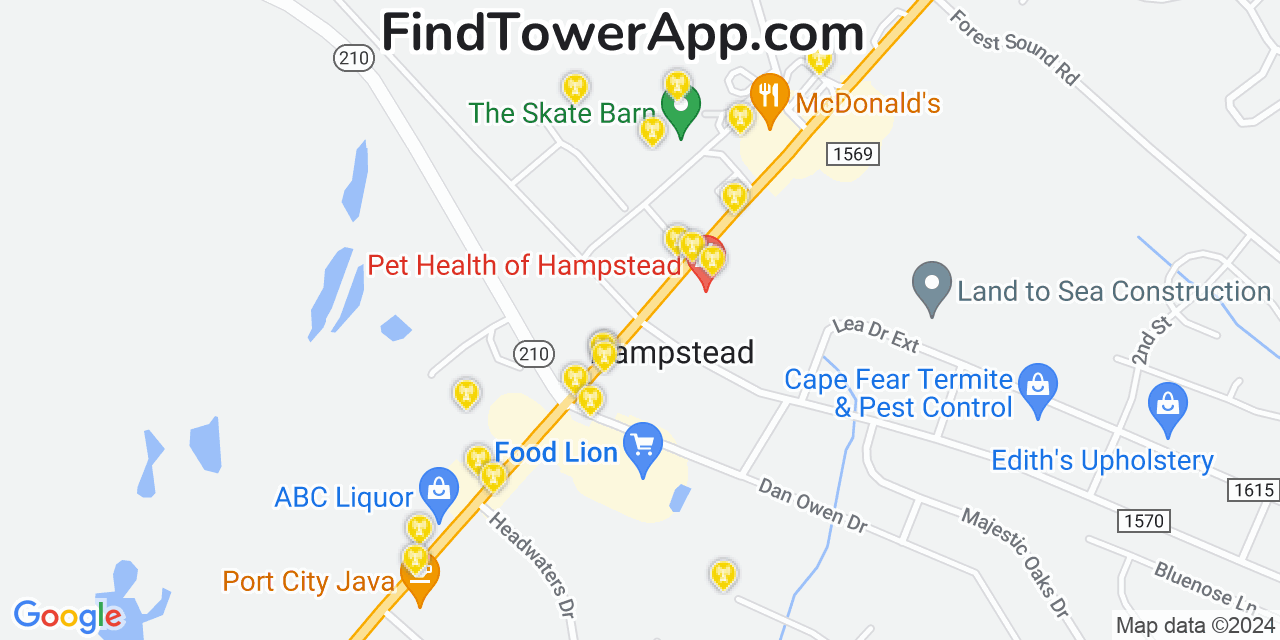 AT&T 4G/5G cell tower coverage map Hampstead, North Carolina