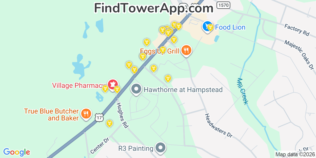 Map showing the 20 primary cell tower locations detected in Hampstead, North Carolina from AT&T, Verizon, and T-Mobile networks
