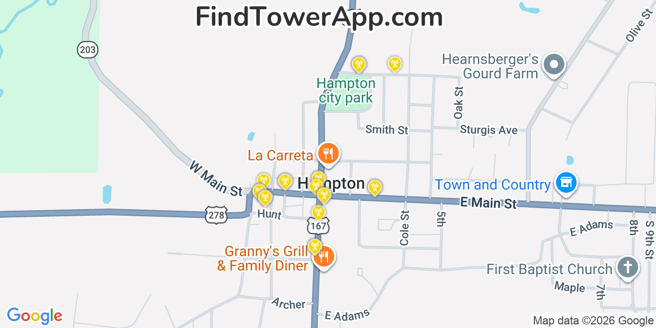 Map showing the 20 primary cell tower locations detected in Hampton, Arkansas from AT&T, Verizon, and T-Mobile networks