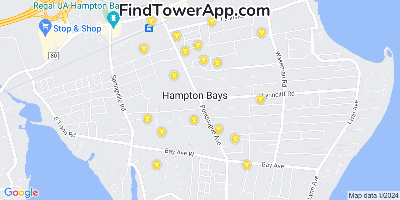 AT&T 4G/5G cell tower coverage map Hampton Bays, New York