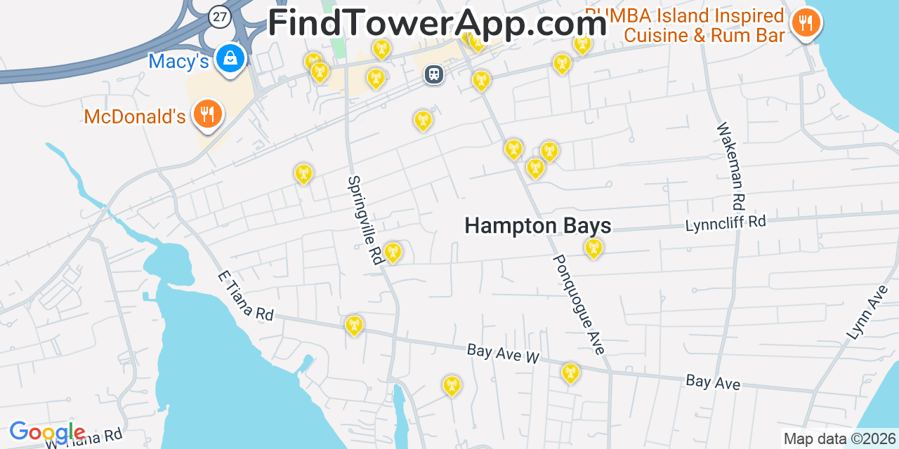 Map showing the 20 primary cell tower locations detected in Hampton Bays, New York from AT&T, Verizon, and T-Mobile networks