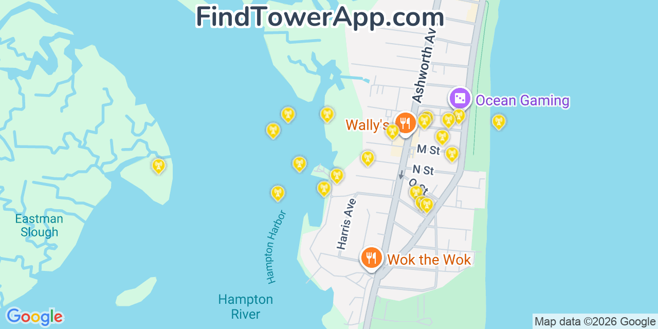 Map showing the 20 primary cell tower locations detected in Hampton Beach, New Hampshire from AT&T, Verizon, and T-Mobile networks