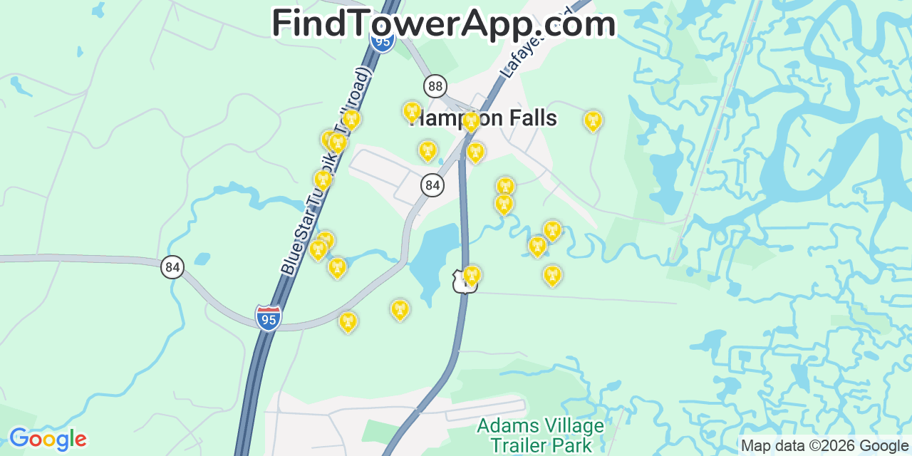 Map showing the 20 primary cell tower locations detected in Hampton Falls, New Hampshire from AT&T, Verizon, and T-Mobile networks