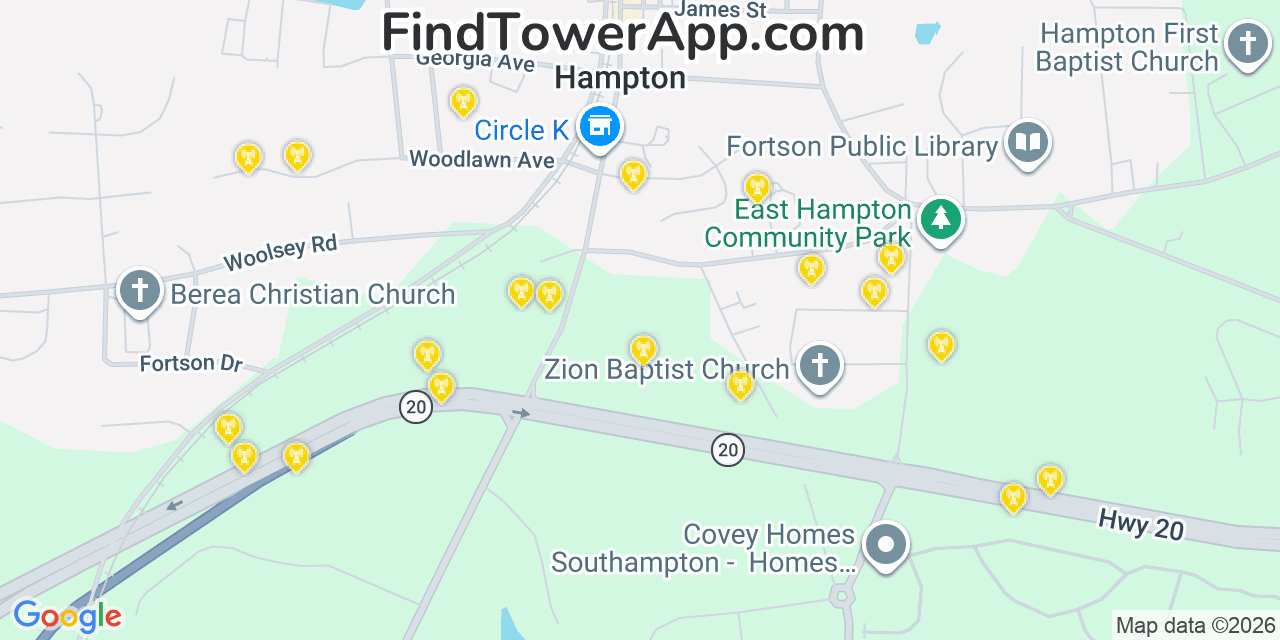 Map showing the 20 primary cell tower locations detected in Hampton, Georgia from AT&T, Verizon, and T-Mobile networks