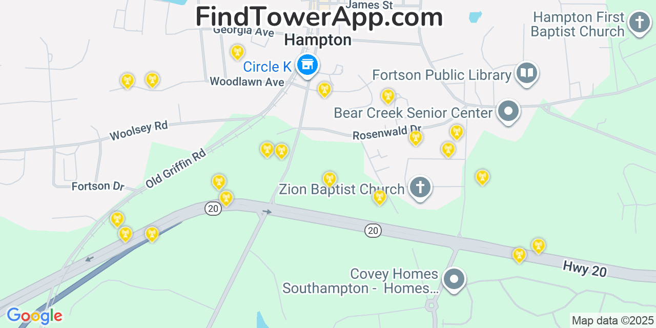 Map showing the 20 primary Mobitel cell tower locations detected in Hampton, Georgia with coverage radius and signal strength indicators