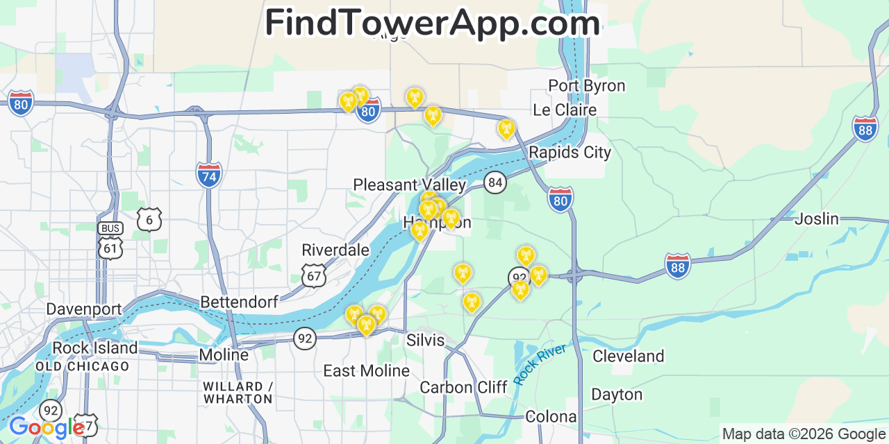 Map showing the 20 primary cell tower locations detected in Hampton, Illinois from AT&T, Verizon, and T-Mobile networks