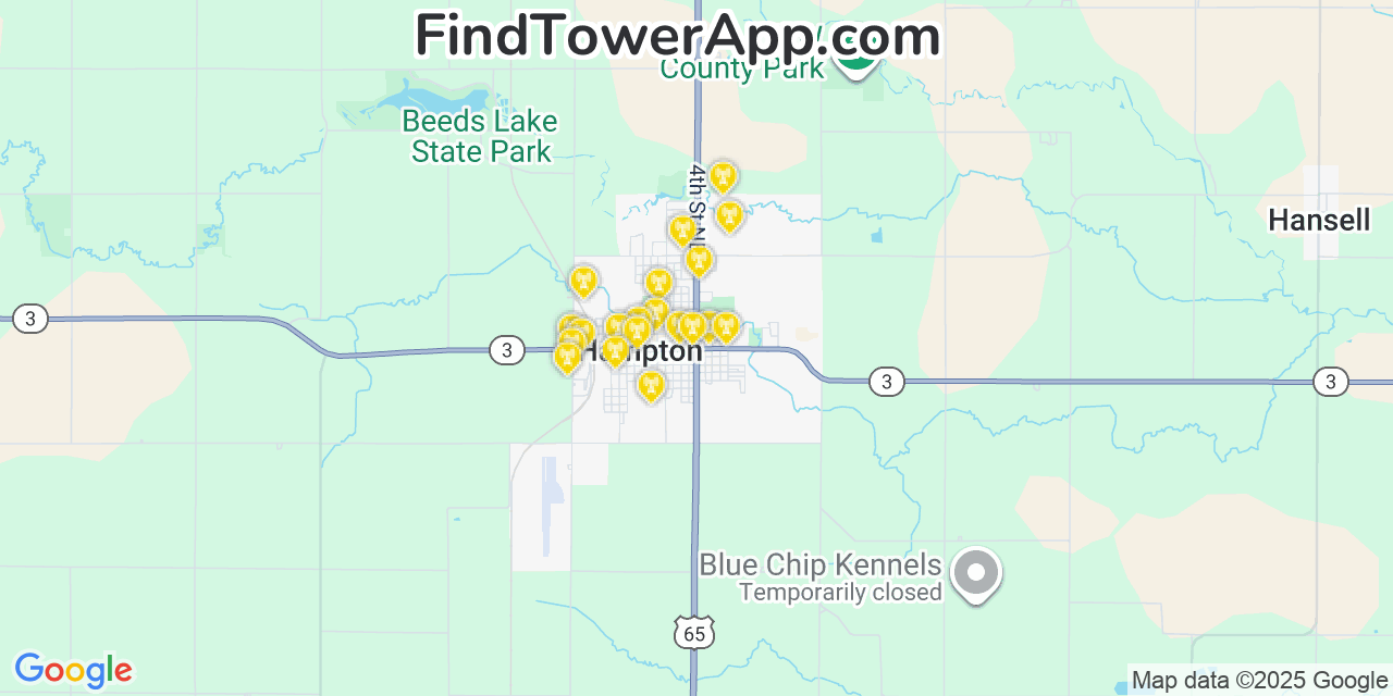 Map showing the 20 primary cell tower locations detected in Hampton, Iowa from AT&T, Verizon, and T-Mobile networks