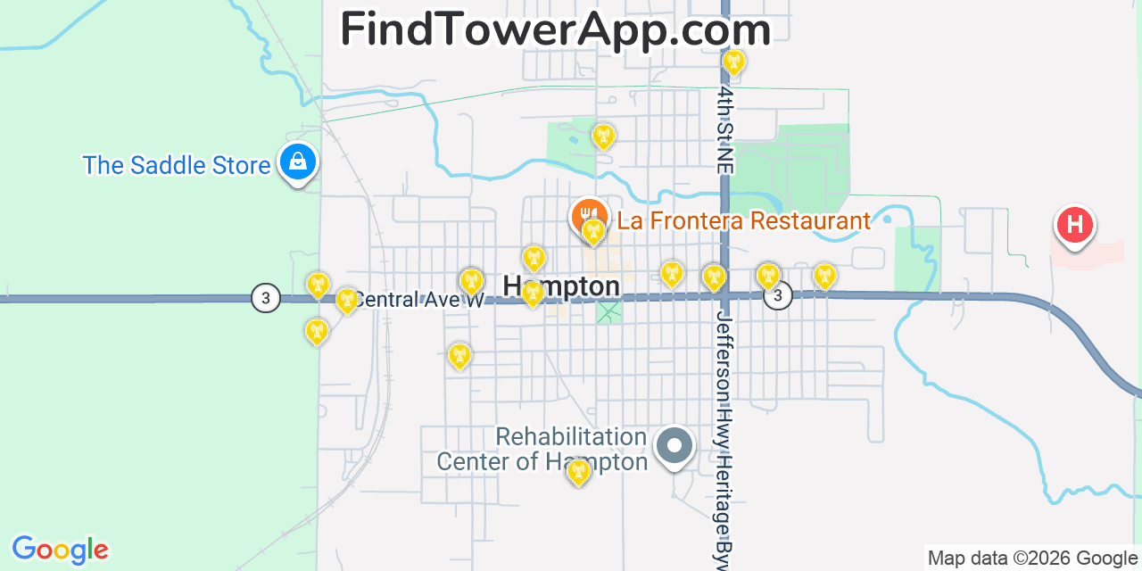 Map showing the 20 primary cell tower locations detected in Hampton, Iowa from AT&T, Verizon, and T-Mobile networks