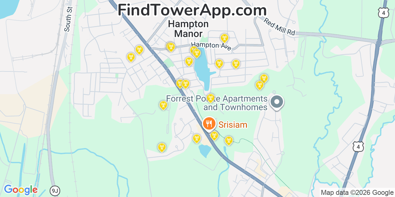 Map showing the 20 primary cell tower locations detected in Hampton Manor, New York from AT&T, Verizon, and T-Mobile networks