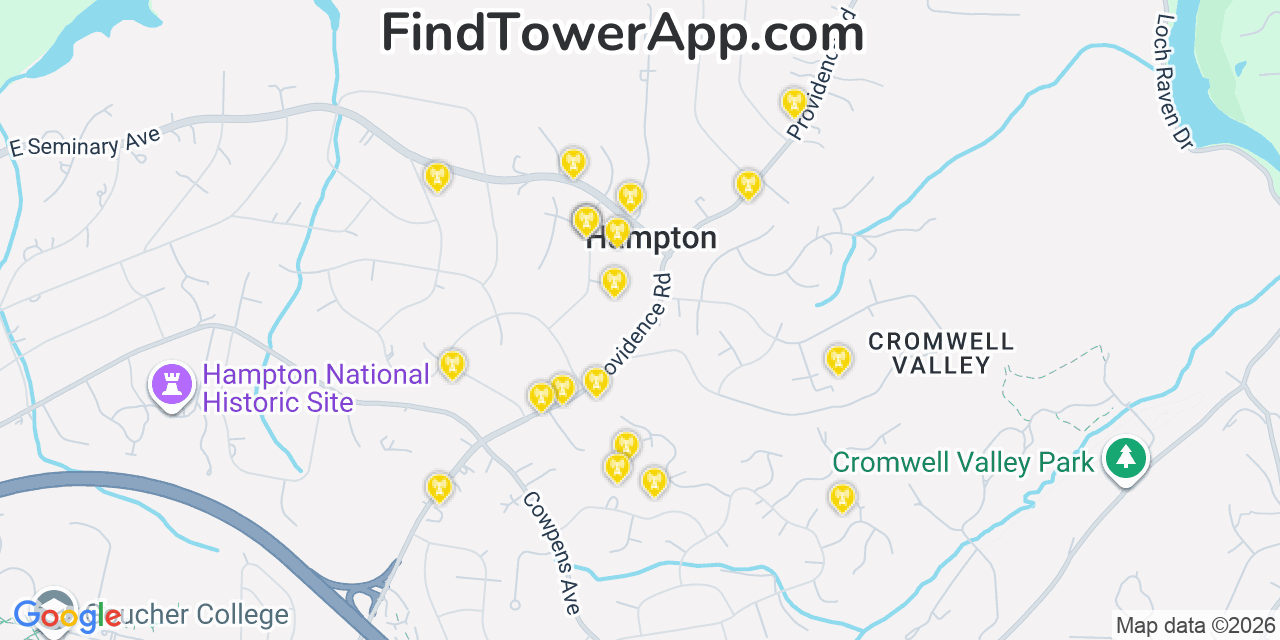 Map showing the 20 primary cell tower locations detected in Hampton, Maryland from AT&T, Verizon, and T-Mobile networks