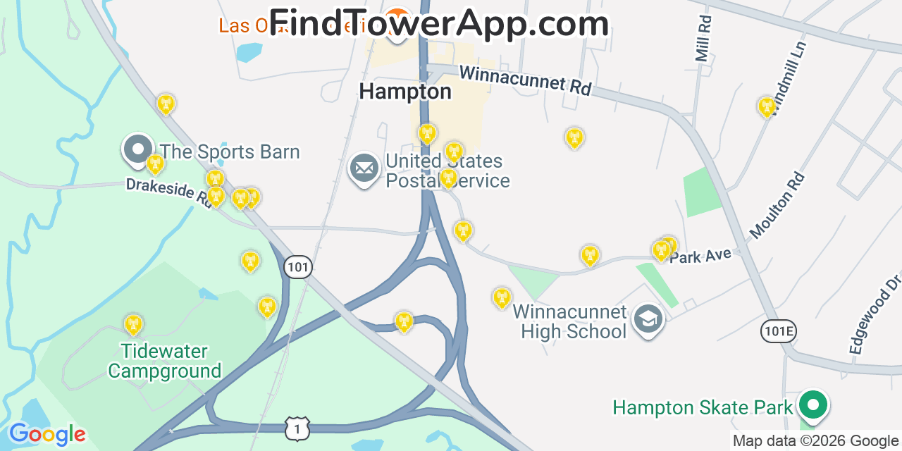 Map showing the 20 primary cell tower locations detected in Hampton, New Hampshire from AT&T, Verizon, and T-Mobile networks