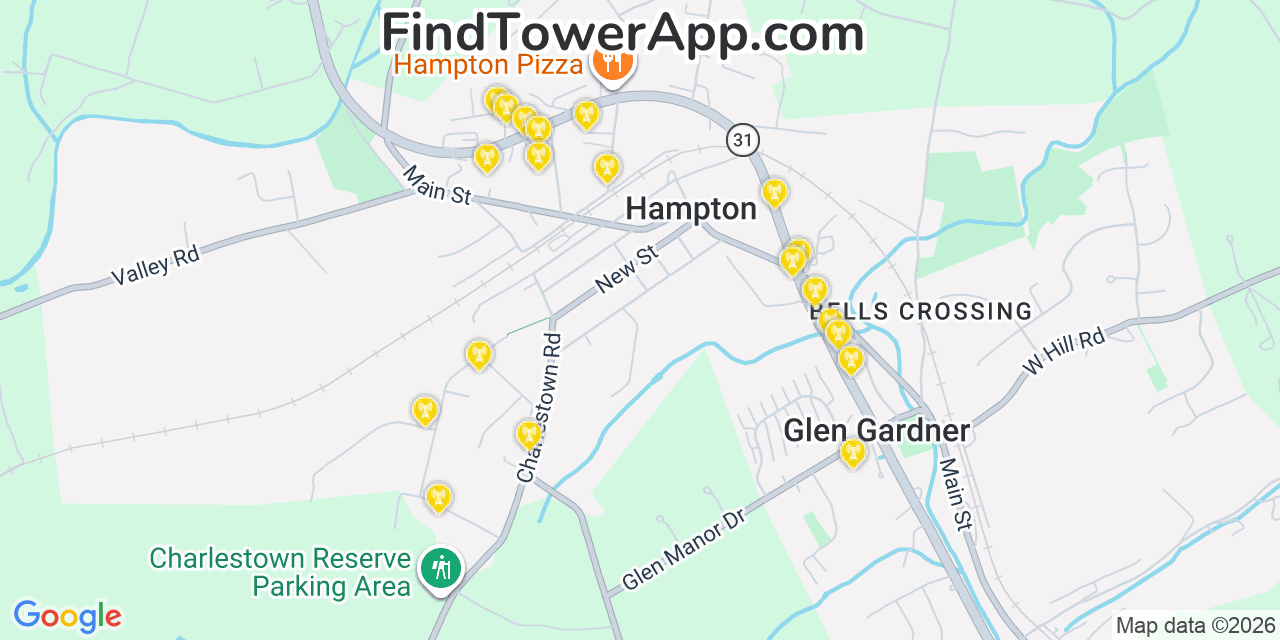 Map showing the 20 primary cell tower locations detected in Hampton, New Jersey from AT&T, Verizon, and T-Mobile networks