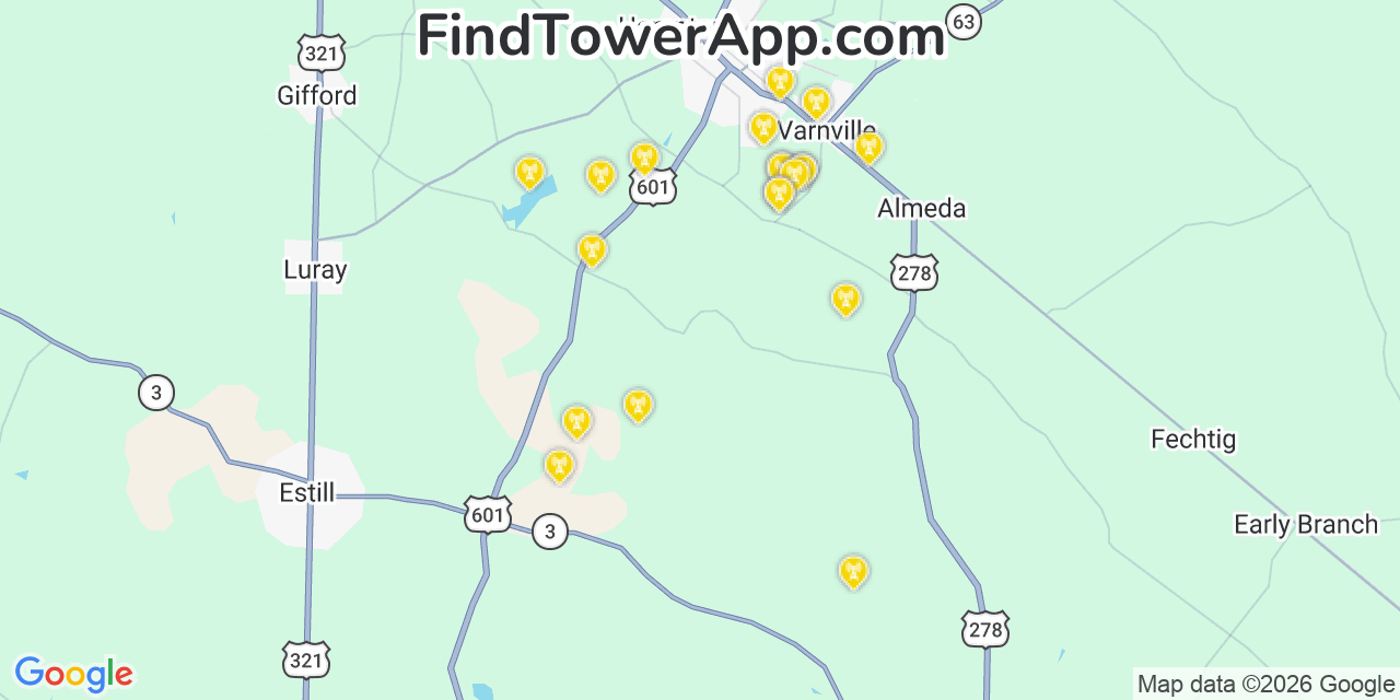 Map showing the 20 primary cell tower locations detected in Hampton, South Carolina from AT&T, Verizon, and T-Mobile networks