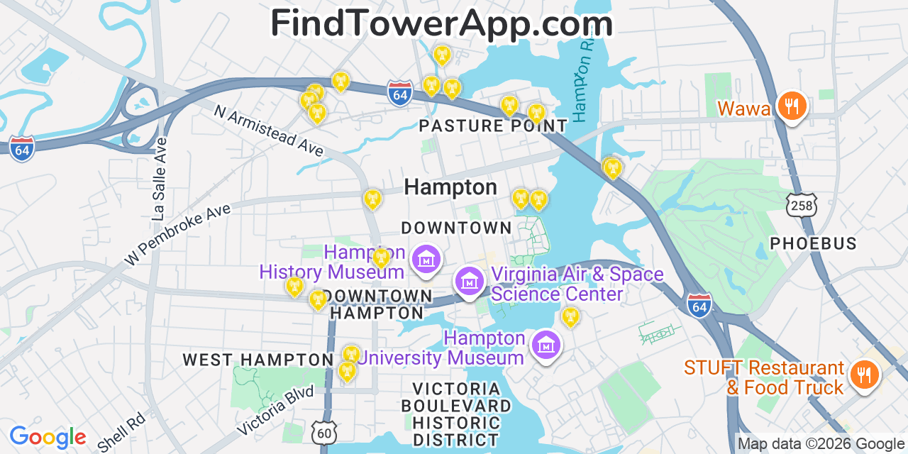 Map showing the 20 primary cell tower locations detected in Hampton, Virginia from AT&T, Verizon, and T-Mobile networks