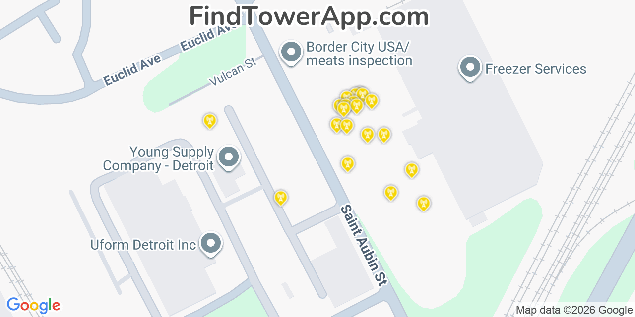 Map showing the 20 primary cell tower locations detected in Hamtramck, Michigan from AT&T, Verizon, and T-Mobile networks
