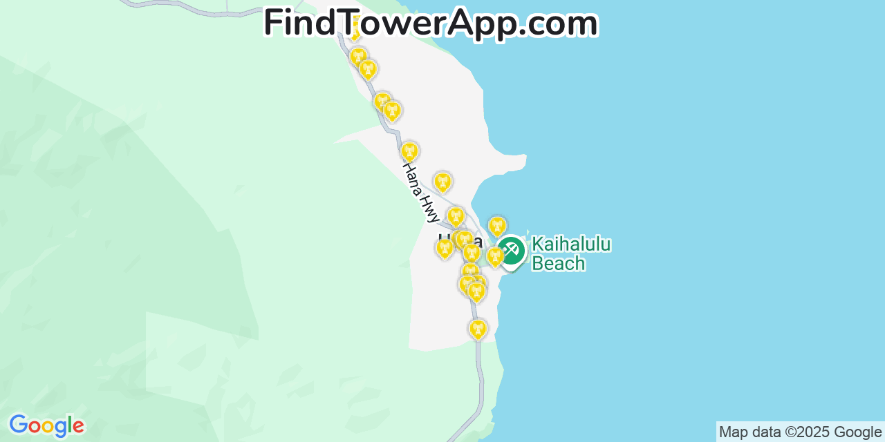 Map showing the 20 primary cell tower locations detected in Hana, Hawaii from AT&T, Verizon, and T-Mobile networks
