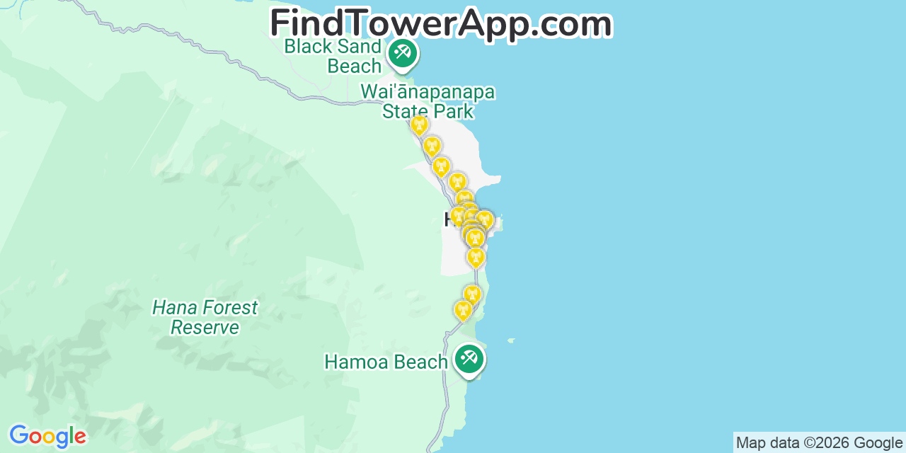 Map showing the 20 primary cell tower locations detected in Hana, Hawaii from AT&T, Verizon, and T-Mobile networks