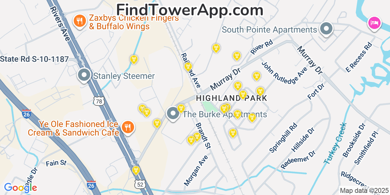 Map showing the 20 primary cell tower locations detected in Hanahan, South Carolina from AT&T, Verizon, and T-Mobile networks