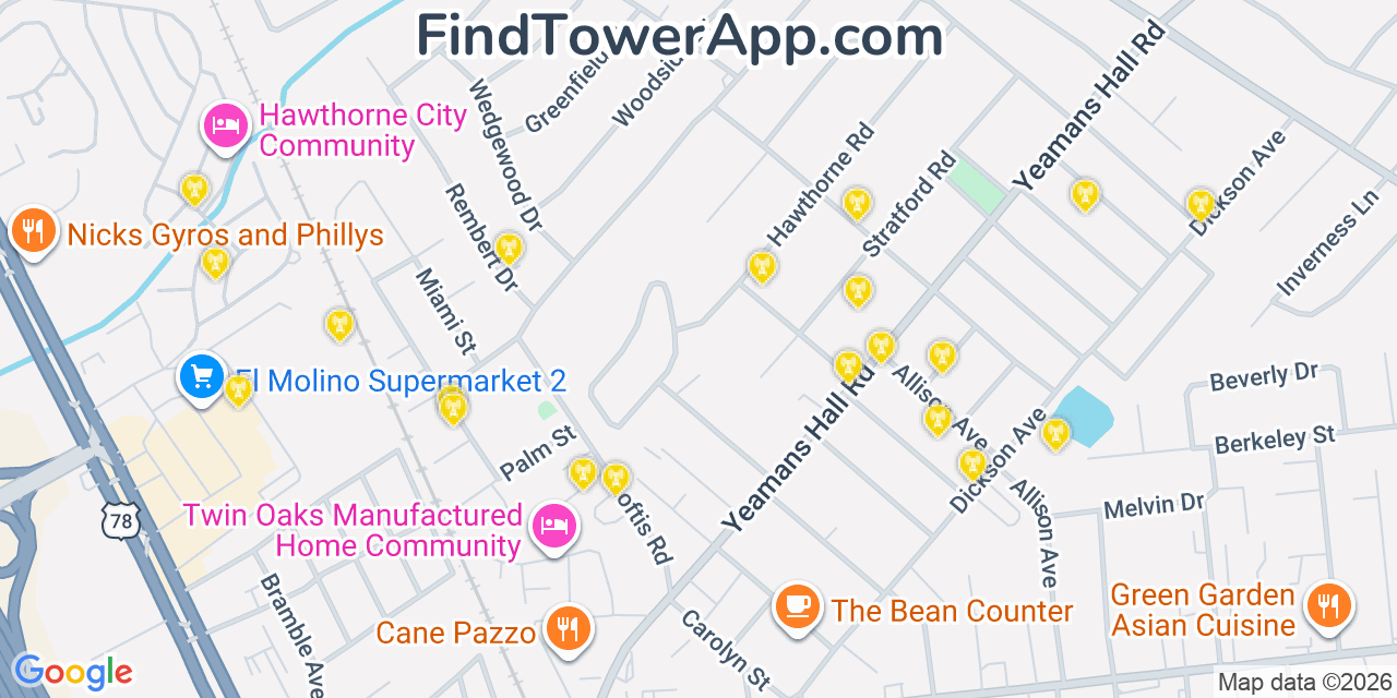 Map showing the 20 primary cell tower locations detected in Hanahan, South Carolina from AT&T, Verizon, and T-Mobile networks