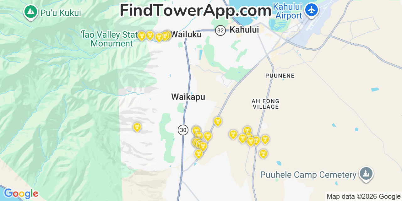 Map showing the 27 primary T-Mobile cell tower locations detected in Hanam%C3%Af%C2%Be%E2%80%9E%C3%83%E2%82%Ac%C5%92Lu, Hawaii with coverage radius and signal strength indicators