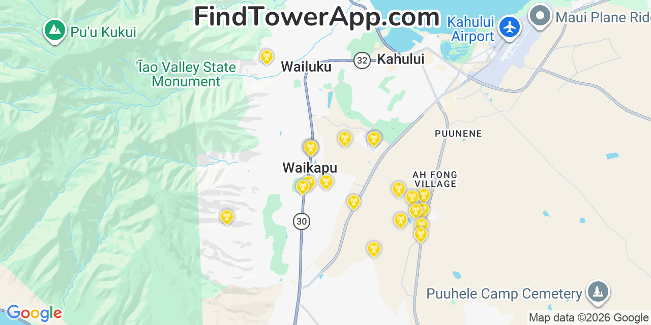 Map showing the 21 primary Verizon cell tower locations detected in Hanam%C3%Af%C2%Be%E2%80%9E%C3%83%E2%82%Ac%C5%92Lu, Hawaii with coverage radius and signal strength indicators