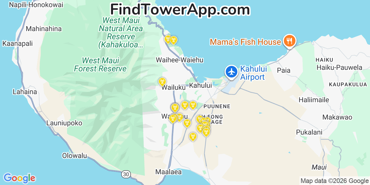 Map showing the 21 primary Verizon cell tower locations detected in Hanamã¯â¾Â€Žã£Â‚¬Å’lu, Hawaii with coverage radius and signal strength indicators