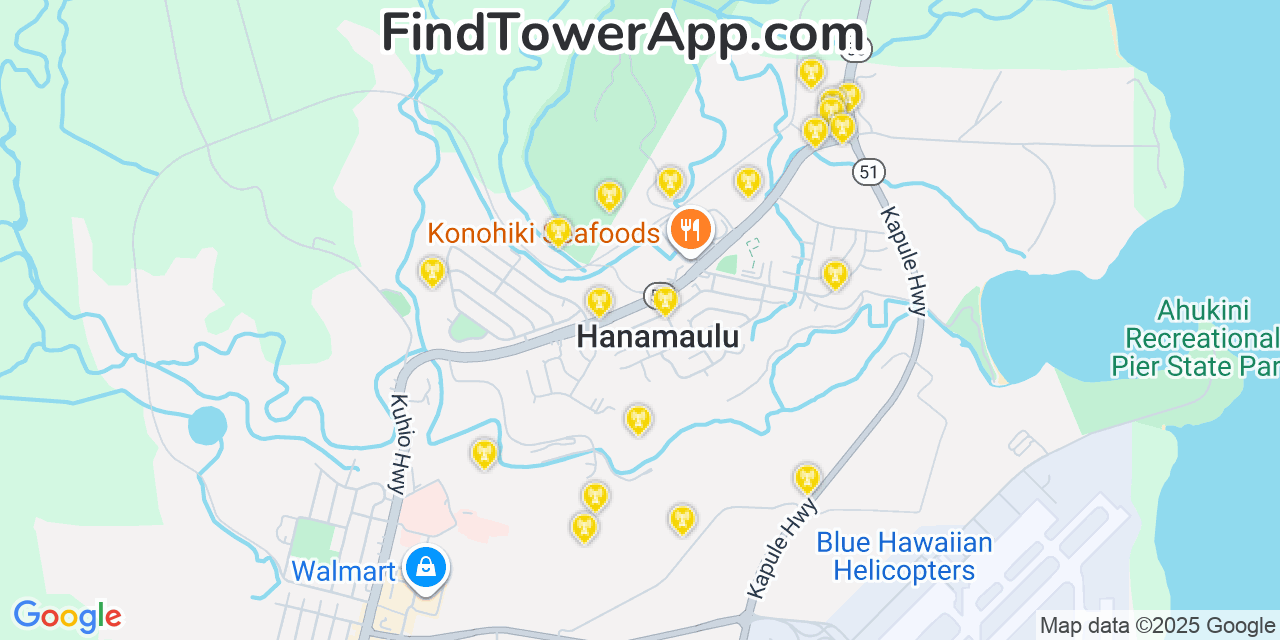 Map showing the 20 primary AT&T cell tower locations detected in Hanamāulu, Hawaii with coverage radius and signal strength indicators