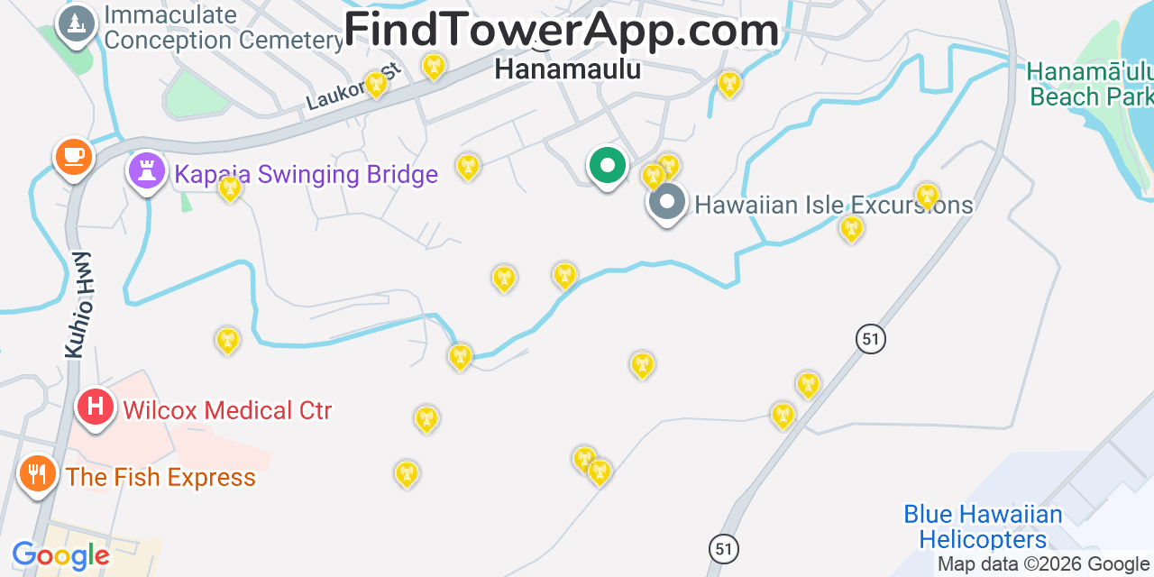 Map showing the 20 primary cell tower locations detected in Hanamāulu, Hawaii from AT&T, Verizon, and T-Mobile networks