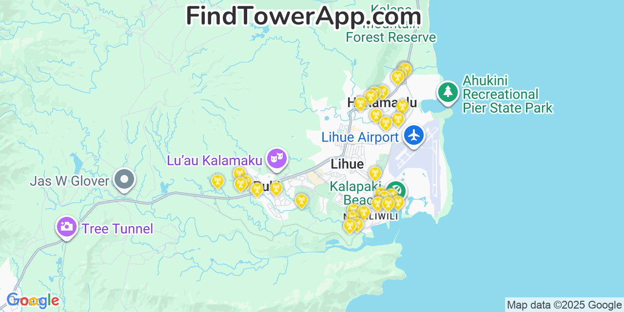 Map showing the 33 primary T-Mobile cell tower locations detected in Hanamāulu, Hawaii with coverage radius and signal strength indicators