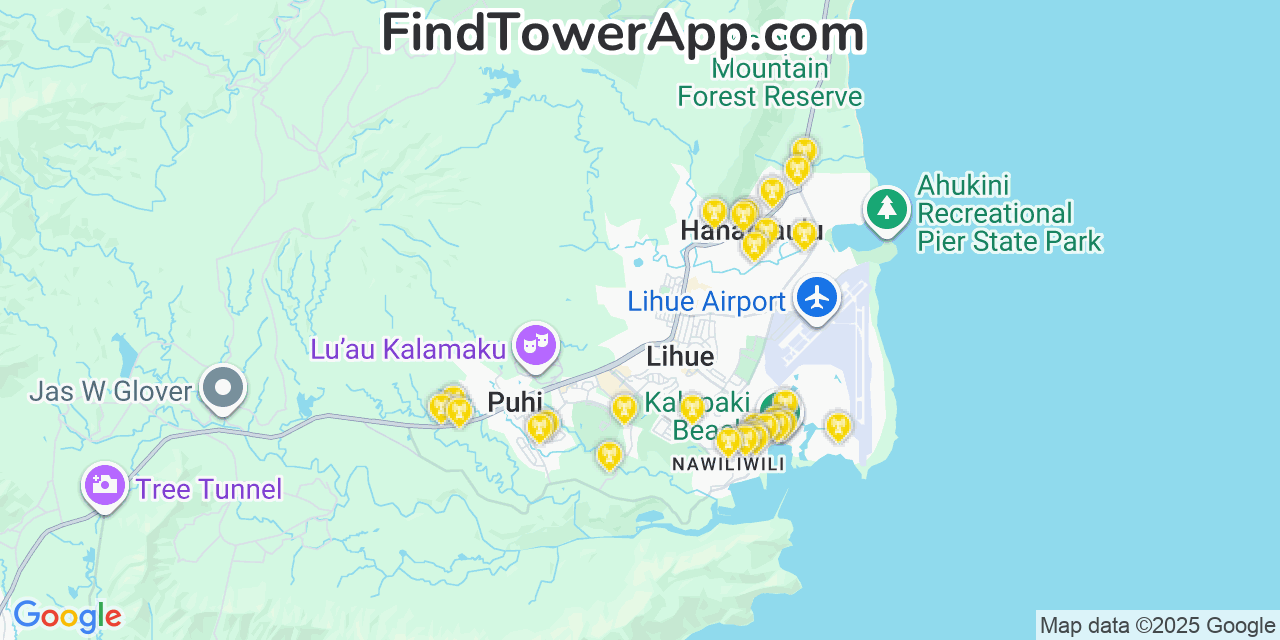 Map showing the 29 primary Verizon cell tower locations detected in Hanamāulu, Hawaii with coverage radius and signal strength indicators