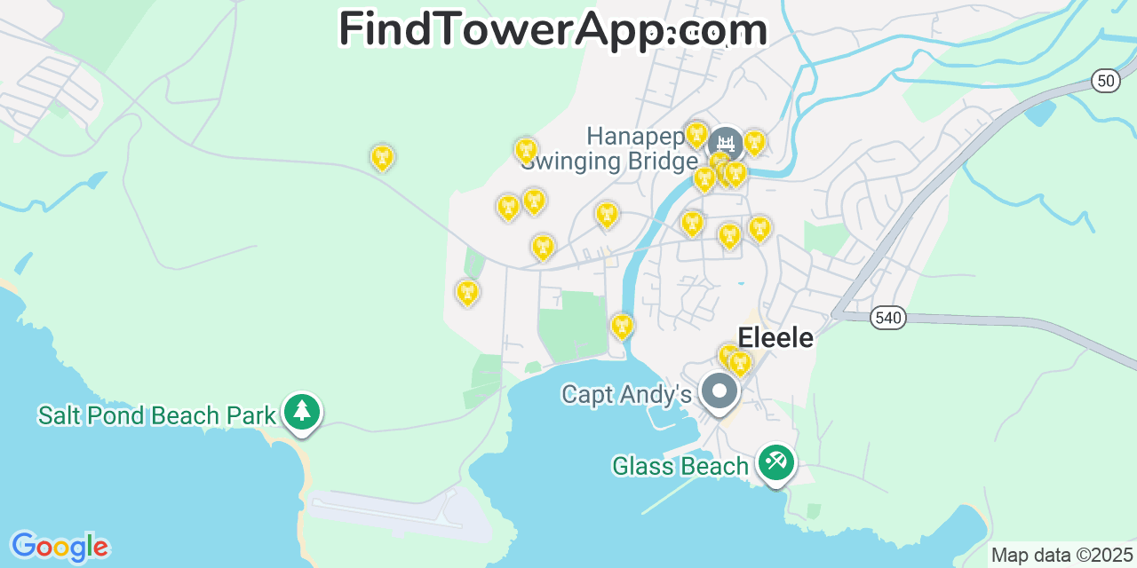 Map showing the 20 primary cell tower locations detected in Hanapēpē, Hawaii from AT&T, Verizon, and T-Mobile networks