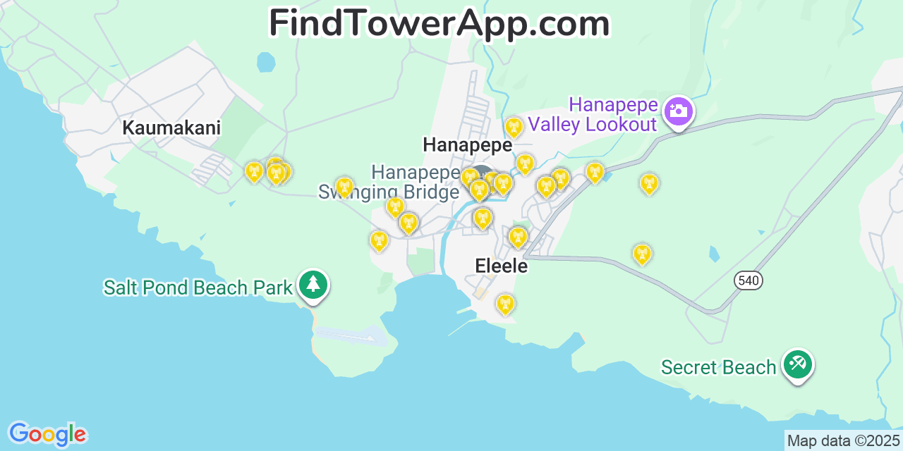 Map showing the 31 primary AT&T cell tower locations detected in Hanapēpē, Hawaii with coverage radius and signal strength indicators