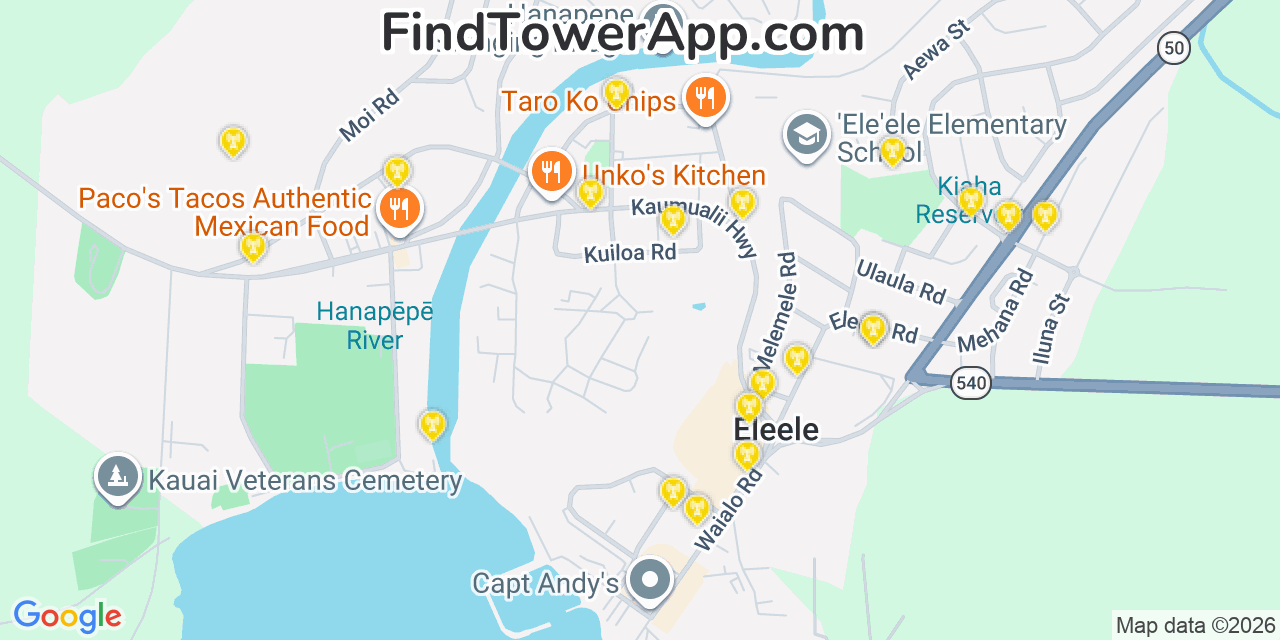 Map showing the 20 primary cell tower locations detected in Hanapēpē, Hawaii from AT&T, Verizon, and T-Mobile networks