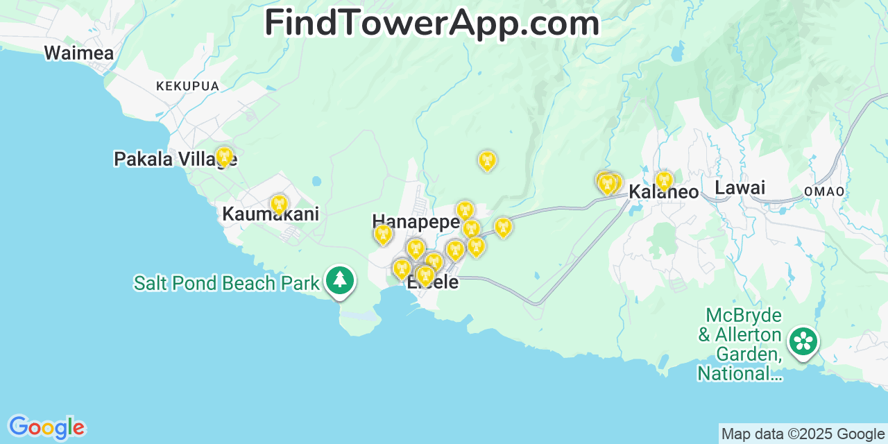 Map showing the 25 primary Verizon cell tower locations detected in Hanapēpē, Hawaii with coverage radius and signal strength indicators