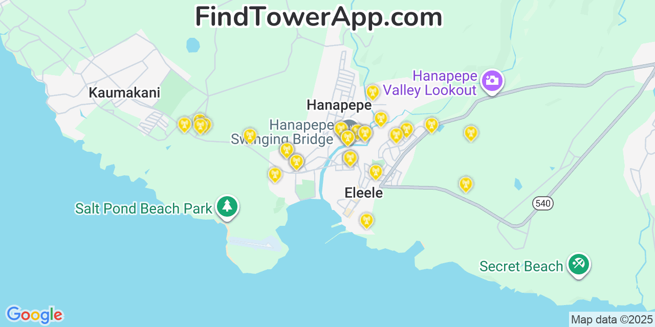 Map showing the 29 primary AT&T cell tower locations detected in Hanapēpē Heights, Hawaii with coverage radius and signal strength indicators