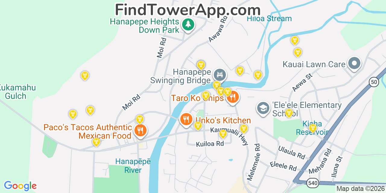 Map showing the 20 primary cell tower locations detected in Hanapēpē Heights, Hawaii from AT&T, Verizon, and T-Mobile networks