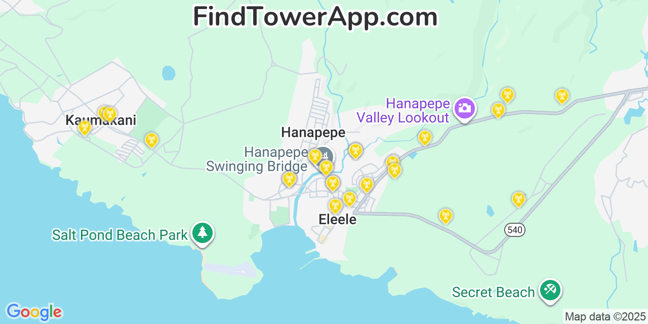 Map showing the 25 primary T-Mobile cell tower locations detected in Hanapēpē Heights, Hawaii with coverage radius and signal strength indicators