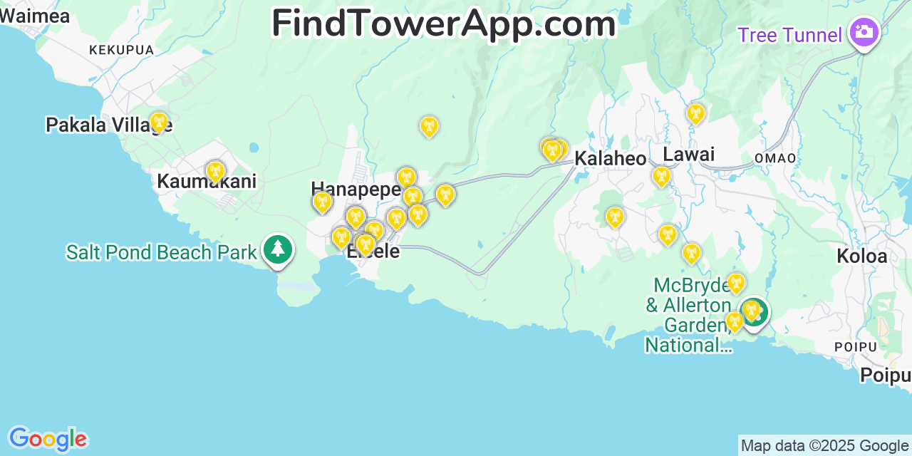 Map showing the 39 primary Verizon cell tower locations detected in Hanapēpē Heights, Hawaii with coverage radius and signal strength indicators