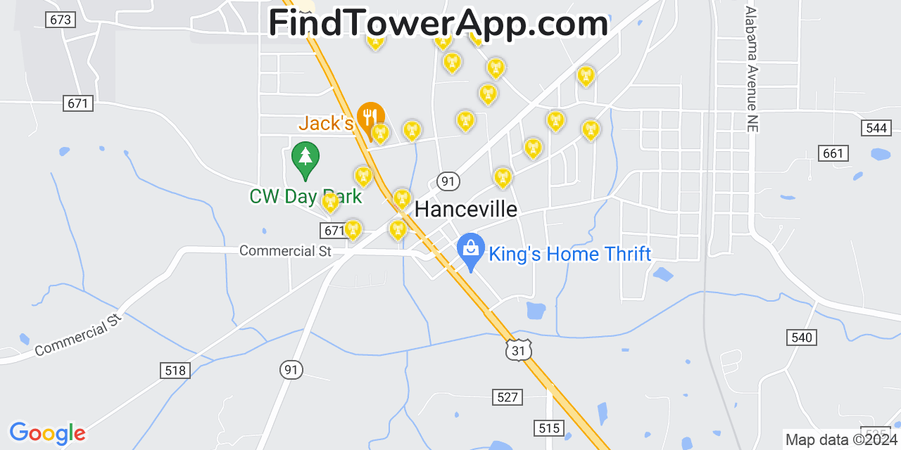 AT&T 4G/5G cell tower coverage map Hanceville, Alabama