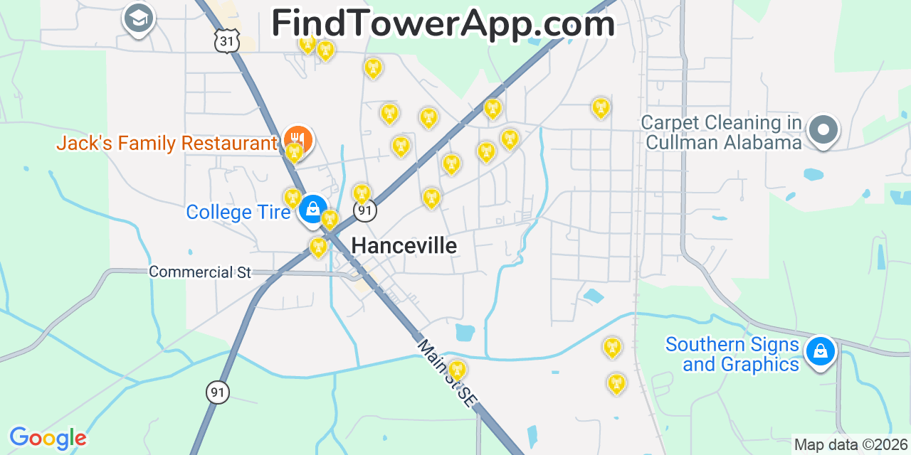 Map showing the 20 primary cell tower locations detected in Hanceville, Alabama from AT&T, Verizon, and T-Mobile networks