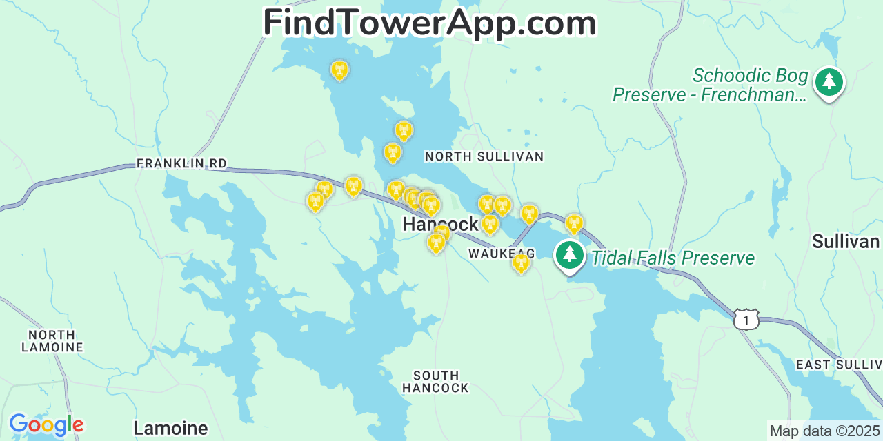 Map showing the 20 primary cell tower locations detected in Hancock, Maine from AT&T, Verizon, and T-Mobile networks