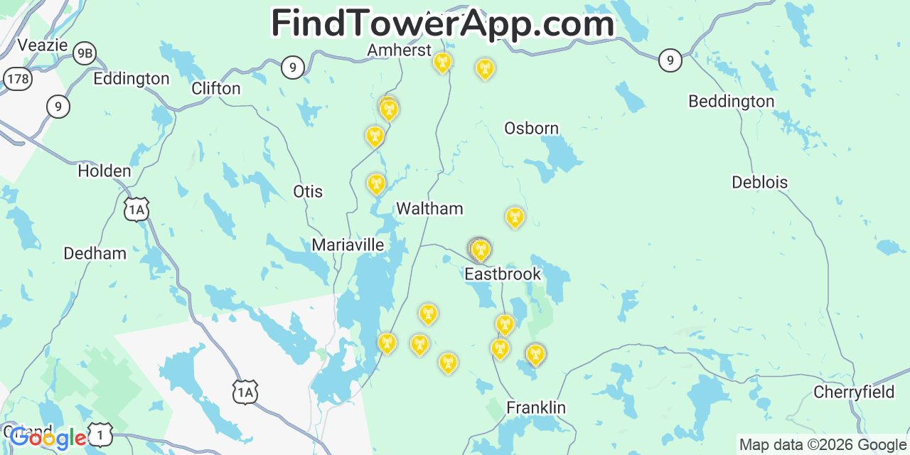 Map showing the 20 primary cell tower locations detected in Hancock, Maine from AT&T, Verizon, and T-Mobile networks