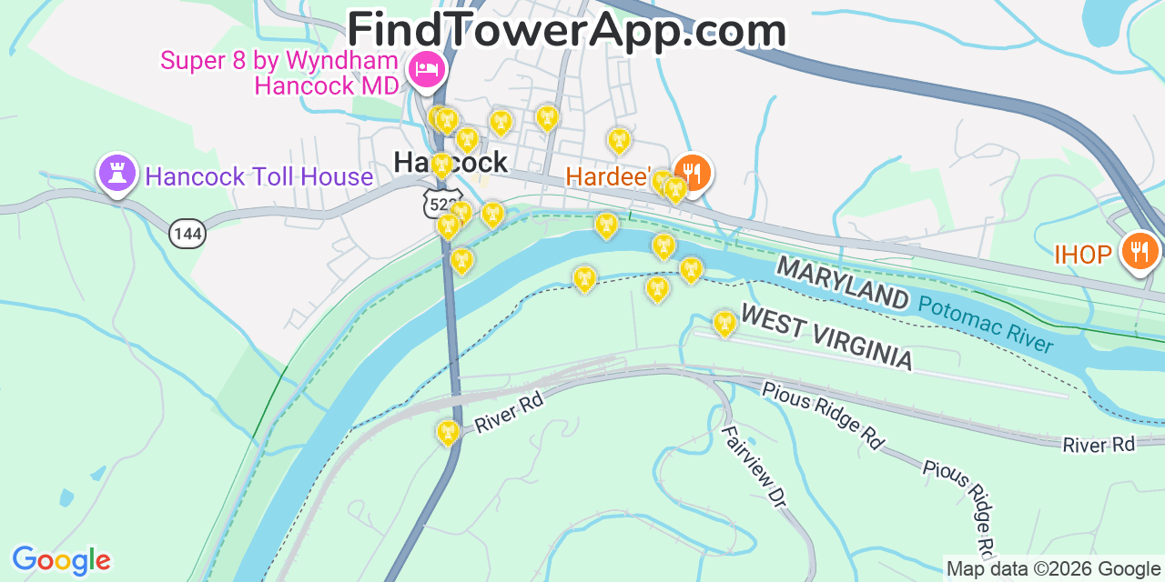 Map showing the 20 primary cell tower locations detected in Hancock, Maryland from AT&T, Verizon, and T-Mobile networks