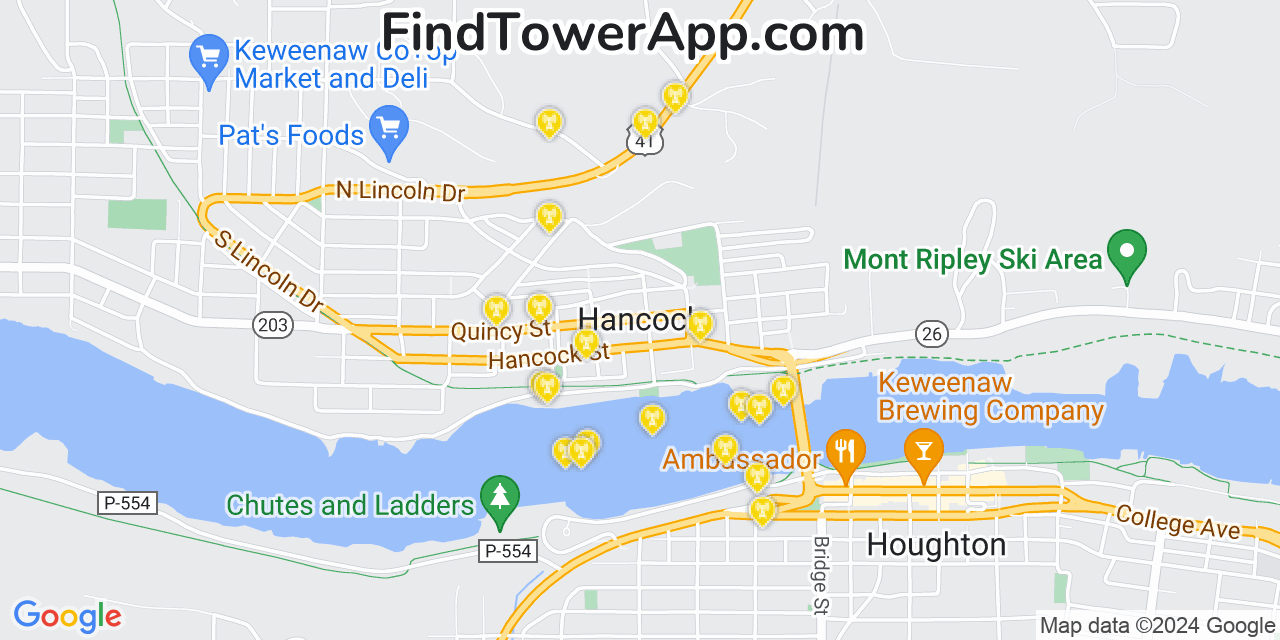 AT&T 4G/5G cell tower coverage map Hancock, Michigan