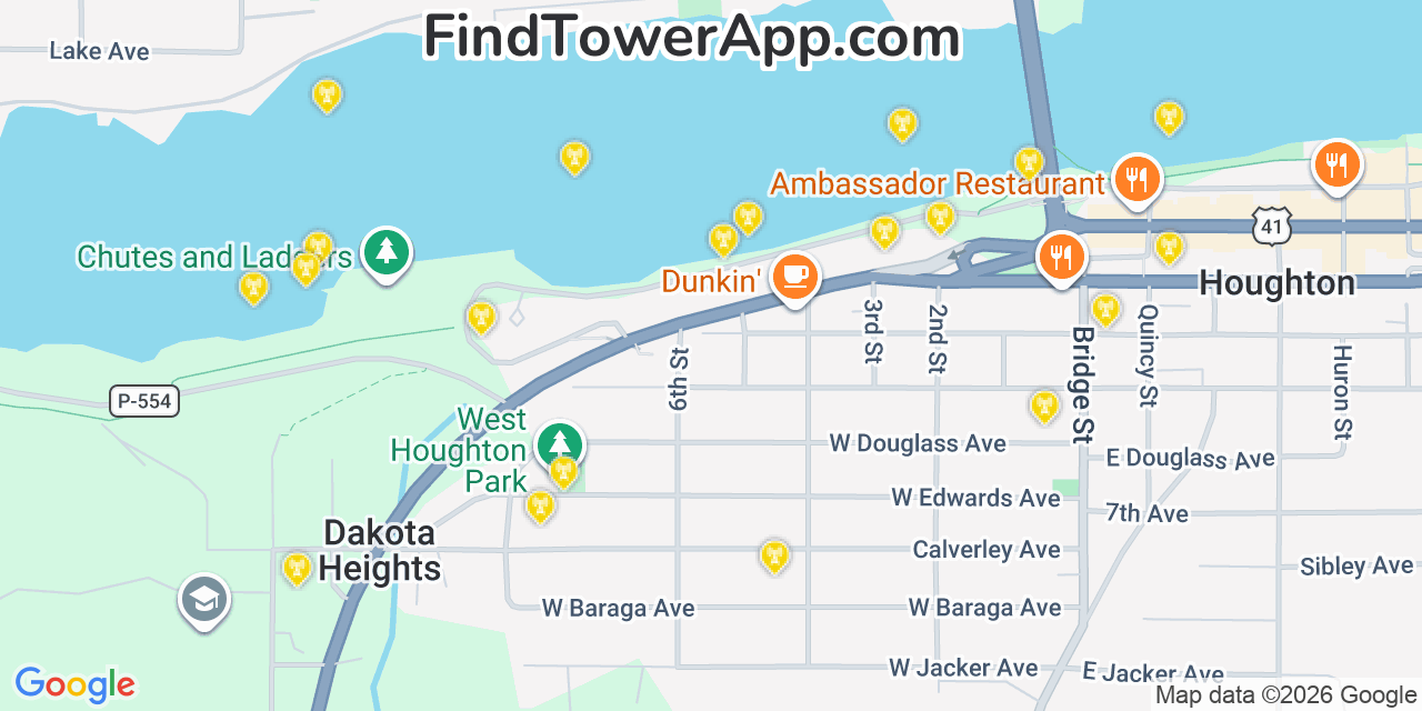 Map showing the 20 primary cell tower locations detected in Hancock, Michigan from AT&T, Verizon, and T-Mobile networks