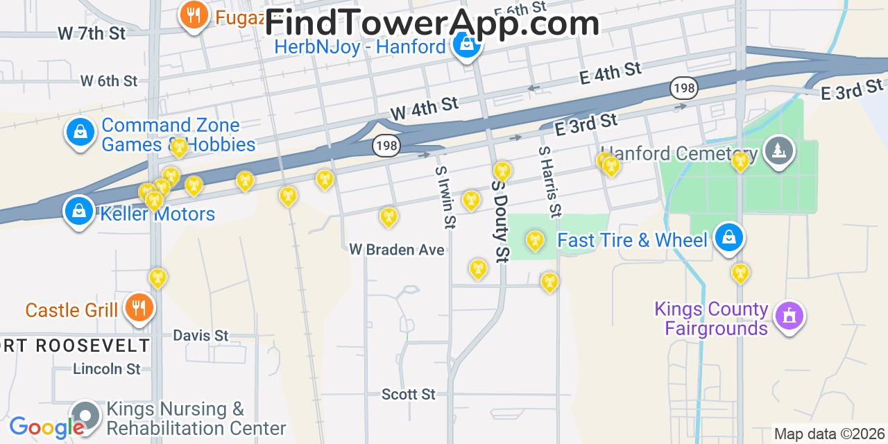 Map showing the 20 primary cell tower locations detected in Hanford, California from AT&T, Verizon, and T-Mobile networks