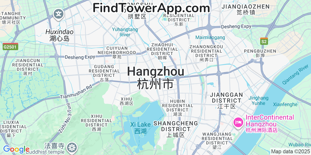 Map showing the 0 primary China-Mobile cell tower locations detected in Hangzhou, China with coverage radius and signal strength indicators