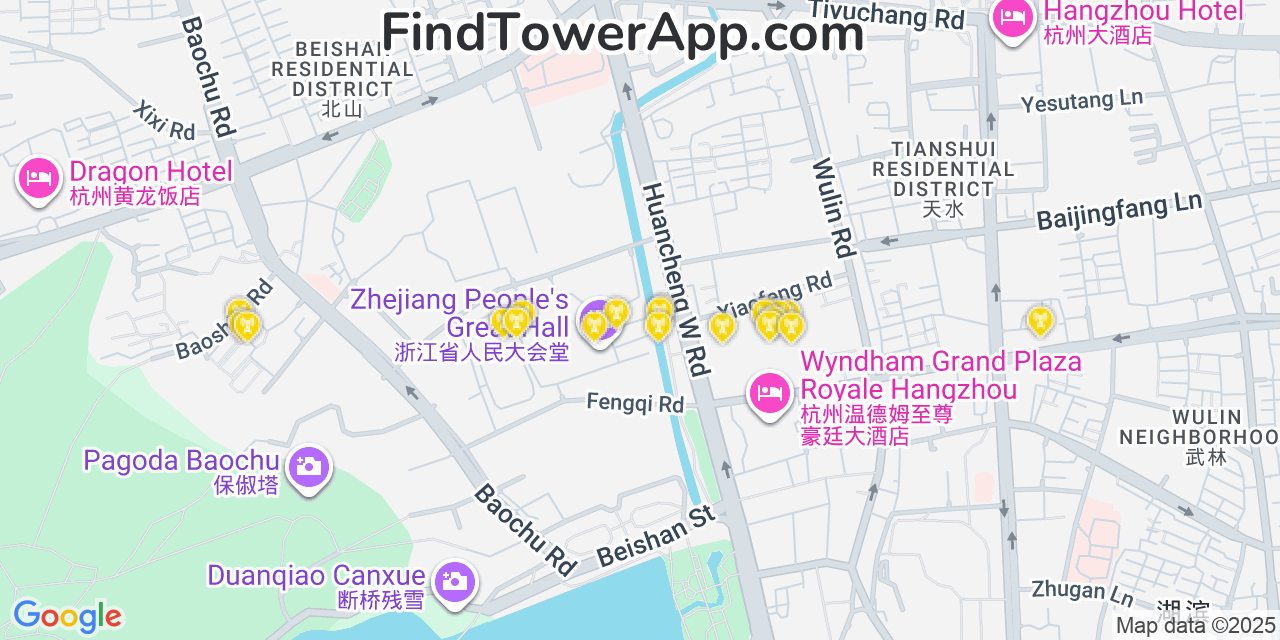 Map showing the 20 primary cell tower locations detected in Hangzhou, China with coverage areas and signal strength