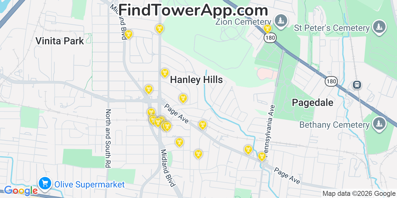 Map showing the 20 primary cell tower locations detected in Hanley Hills, Missouri from AT&T, Verizon, and T-Mobile networks